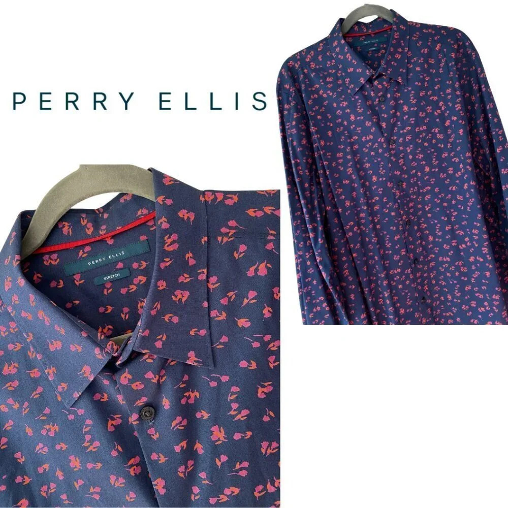 Perry Ellis,‎ Stretch Slim Fit Floral Pattern Button-down Shirt, Navy Blue, Pink